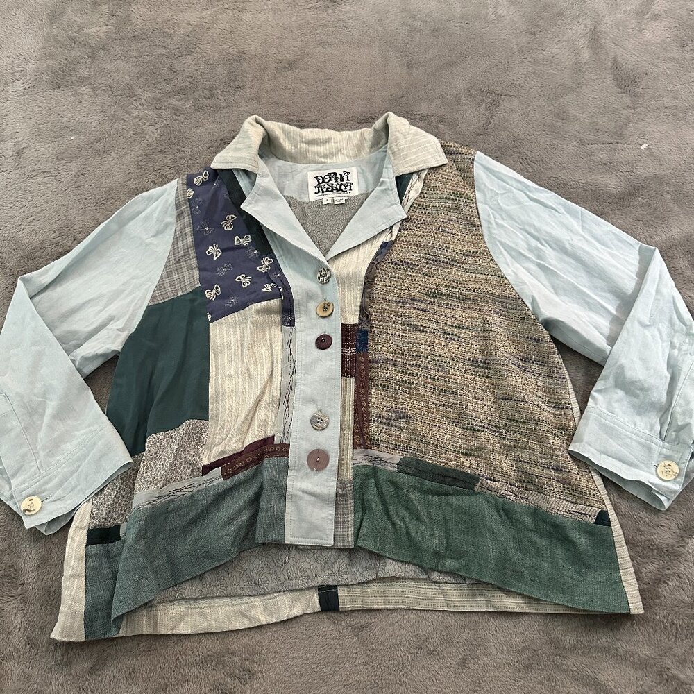 Donna Jessica Patchwork Blouse Art To Wear Lagenlook Artsy Shirt 2 LARGE